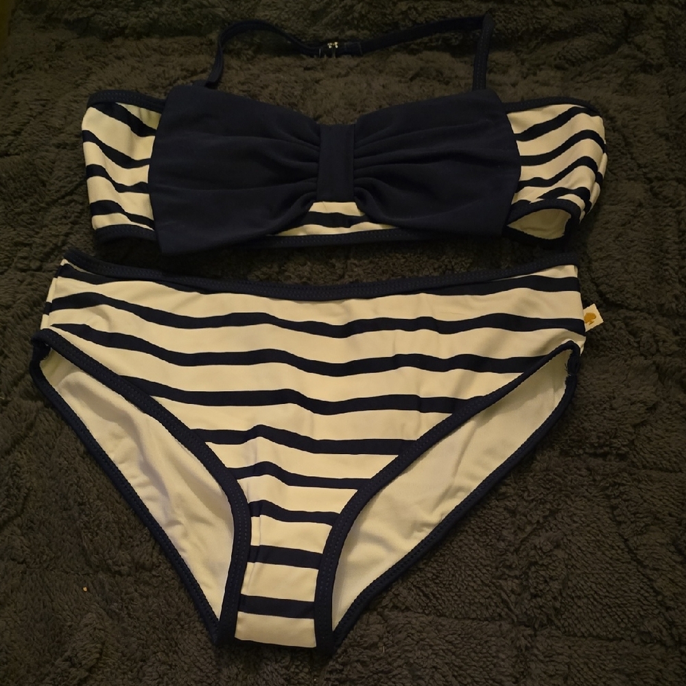 Kate Spade Georgica Beach Bikini White Fabric with Blue stripes